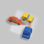 Trzy kolorowe samochody - czerwony, żółty i niebieski - ustawione na szarym tle, tworzące trójkąt