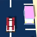 Samochód na drodze z pasami i znakiem zakazu zawracania na ciemnoniebieskim tle, obok różowego pojazdu