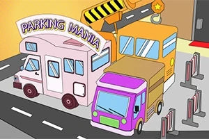 Trzy kolorowe pojazdy, w tym różowy kamper, fioletowy samochód dostawczy oraz pomarańczowy autobus, ustawione obok siebie na parkingu z napisem Parking Mania