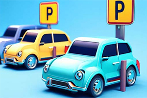 Trzy kolorowe, stylizowane samochody zaparkowane obok znaków P na niebieskim tle