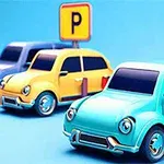 Trzy kolorowe, stylizowane samochody zaparkowane obok znaków P na niebieskim tle