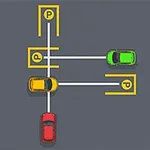 Trzy kolorowe samochody (czerwony, zielony, żółty) ustawione w kształcie litery T na parkingu z oznaczeniami postojowymi
