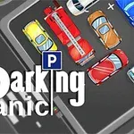 Pojazdy zaparkowane na parkingu w różnych kolorach, w tym czerwony samochód, żółty samochód i czerwona ciężarówka z drabiną, z napisem Parking Panic