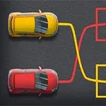 Dwa samochody, żółty i czerwony, z liniami prowadzącymi do miejsc oznaczonych literą P w odpowiednich kolorystycznie prostokątach