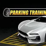 Srebrny sportowy samochód zaparkowany na żółto-czarnym polu z napisem Parking Training u góry