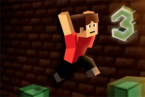 Postać z pikselowym wyglądem skacze pomiędzy blokami z numerem trzy unoszącym się w tle