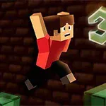 Postać z pikselowym wyglądem skacze pomiędzy blokami z numerem trzy unoszącym się w tle