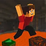 Pikselowa postać skacząca nad lawą w jaskini z liczbą pięć w prawym górnym rogu