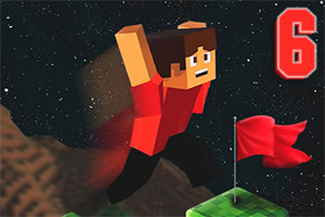 Postać w stylu piksel-art skacze w kosmosie nad zieloną platformą z czerwoną flagą, z cyfą sześć w rogu