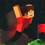 Postać w stylu piksel-art skacze w kosmosie nad zieloną platformą z czerwoną flagą, z cyfą sześć w rogu