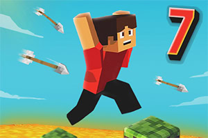 Postać w stylu pikselowym biegnie po zielonych blokach, unikając strzał lecących w jej kierunku, a obok widoczna jest cyfra 7