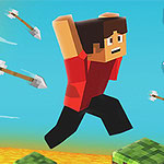 Postać w stylu pikselowym biegnie po zielonych blokach, unikając strzał lecących w jej kierunku, a obok widoczna jest cyfra 7