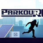 Czarna sylwetka biegnącej postaci na tle miejskiego krajobrazu z panelami słonecznymi i dużym napisem