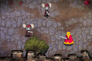 Postacie w kolorowych strojach na kamiennej drodze, z postacią w czerwono-żółtej sukni trzymającą miecz oraz dwoma innymi postaciami z uszami w czapce