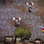 Postacie w kolorowych strojach na kamiennej drodze, z postacią w czerwono-żółtej sukni trzymającą miecz oraz dwoma innymi postaciami z uszami w czapce