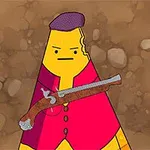 Żółta, stożkowata postać w czerwonym ubraniu i beretem trzymająca starodawną broń na tle ziemistego podłoża