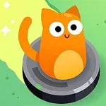 Pomarańczowy rysunkowy kot siedzący na okrągłym robocie sprzątającym na zielonym tle