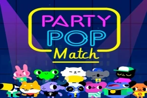Kolorowe postacie zwierząt na imprezie tanecznej z napisem Party Pop Match w neonowych kolorach na granatowym tle