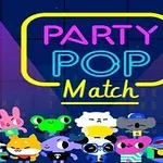 Kolorowe postacie zwierząt na imprezie tanecznej z napisem Party Pop Match w neonowych kolorach na granatowym tle