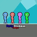 Cztery kolorowe postacie stickman stojące obok siebie na tle geometrycznych kształtów