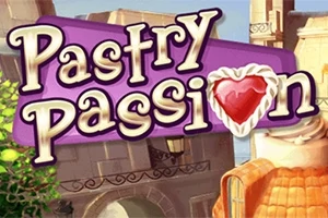 Kolorowy napis Pastry Passion z sercem w formie ciastka na tle urokliwej, jasnej architektury