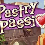 Kolorowy napis Pastry Passion z sercem w formie ciastka na tle urokliwej, jasnej architektury