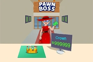Kobieta w czerwonej sukni i kapeluszu stoi przed sklepem z napisem Pawn Boss, trzymając pieniądze, obok wystawionej na sprzedaż korony wycenionej na 999999 dolarów
