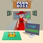 Kobieta w czerwonej sukni i kapeluszu stoi przed sklepem z napisem Pawn Boss, trzymając pieniądze, obok wystawionej na sprzedaż korony wycenionej na 999999 dolarów