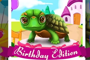 Zielony żółw z dużymi oczami na tle bajkowego krajobrazu z zamkiem i balonami, z napisem Birthday Edition na dole