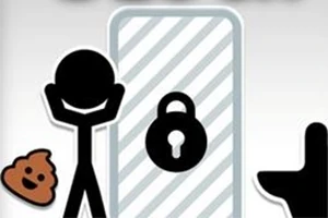 Postać patyczkowa trzymająca się za głowę, kupa, zamknięte drzwi z kłódką i toaleta