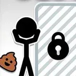 Postać patyczkowa trzymająca się za głowę, kupa, zamknięte drzwi z kłódką i toaleta