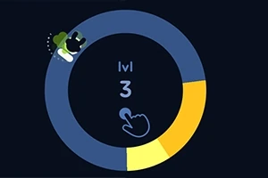 Niebiesko-żółty okrąg z poziomem trzeci i animowaną postacią, wskazującą na środek