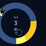 Niebiesko-żółty okrąg z poziomem trzeci i animowaną postacią, wskazującą na środek