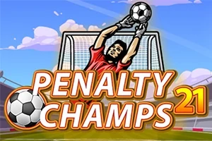 Bramkarz w czerwonym stroju łapie piłkę na tle bramki z napisem Penalty Champs 21