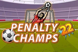 Bramkarz w czerwonej koszulce łapie piłkę na tle stadionu z napisem Penalty Champs 22
