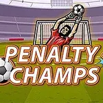 Bramkarz w czerwonej koszulce łapie piłkę na tle stadionu z napisem Penalty Champs 22