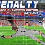 Piłkarz w białym stroju strzela rzut karny, a bramkarz w szarym stroju rzuca się, by obronić piłkę na tle stadionu