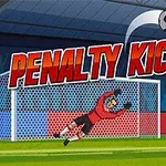 Piłkarz w czerwonym stroju przygotowujący się do strzału na bramkę, podczas gdy bramkarz w czerwonej bluzie wykonuje paradę w tle; nad nimi napis Penalty Kick