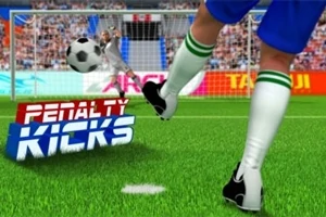 Bramkarz stojący przed bramką, piłkarz wykonujący rzut karny na zielonym boisku z napisem Penalty Kicks na pierwszym planie
