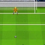 Postać piłkarza przygotowującego się do strzału na bramkę z bramkarzem czekającym przed linią bramkową na boisku piłkarskim