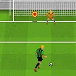 Piłkarz w czarno-zielonym stroju biegnie do piłki, aby wykonać rzut karny, z bramkarzem przygotowanym do obrony na tle bramki