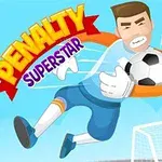 Piłkarz w rękawicach bramkarskich łapiący piłkę na tle jasnego nieba i bramki, z kolorowym napisem PENALTY SUPERSTAR obok