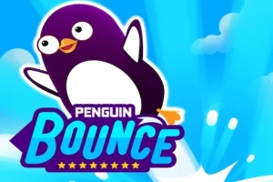 Fioletowy pingwin z białym brzuszkiem skacze na tle nieba z napisem Penguin Bounce w jasnoniebieskim kolorze