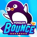 Fioletowy pingwin z białym brzuszkiem skacze na tle nieba z napisem Penguin Bounce w jasnoniebieskim kolorze