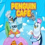 Pingwiny w lodowej kawiarni serwują jedzenie, w tle po lewej biały niedźwiedź w hawajskiej koszuli oraz pingwin kucharz, a w centrum napis Penguin Cafe