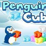 Pingwin trzymający kolorową kostkę lodu obok stosu różnokolorowych kostek na tle lodowego krajobrazu