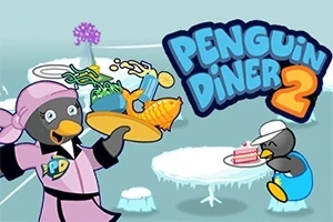 Pingwin kelnerka w różowym stroju niesie tacę z jedzeniem, obok pingwin przy stoliku trzyma kawałek tortu, na tle lodowatej scenerii z logo Penguin Diner 2