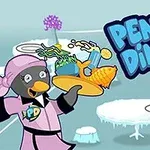Pingwin kelnerka w różowym stroju niesie tacę z jedzeniem, obok pingwin przy stoliku trzyma kawałek tortu, na tle lodowatej scenerii z logo Penguin Diner 2