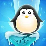 Pingwin siedzący na pękającym lodowcu, otoczony niebieskim tłem