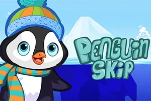 Pingwin w czapce i szaliku na tle lodowca z napisem Penguin Skip